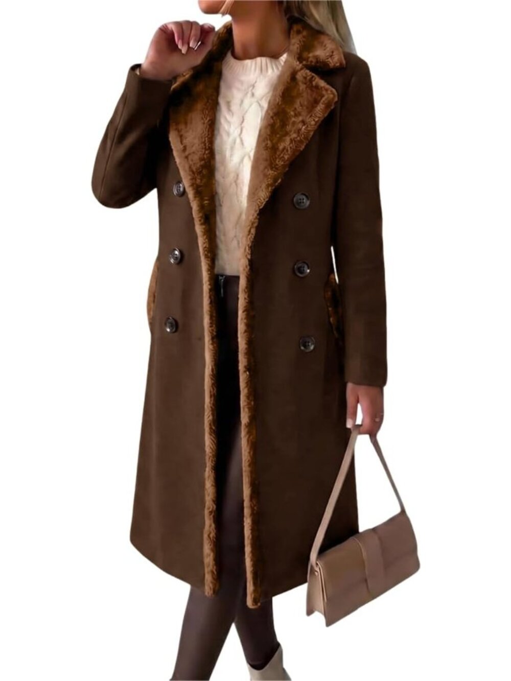 Wool Blend Long Coat Brown Fur Collar Double Breasted Tweed Winter Peacoat